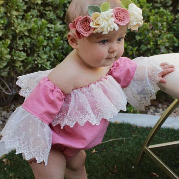 

summer new newborn baby girls lace strapless flared sleeves rompers jumpsuit, Blue