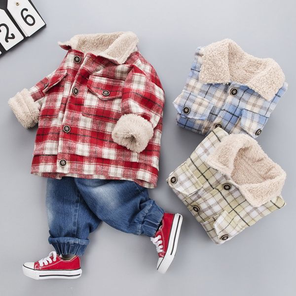

2019 new toddler kid baby boys cartoon plaid coat jacket +jeans pants outfits keep warm long sleeve fashion baby sets sale, White