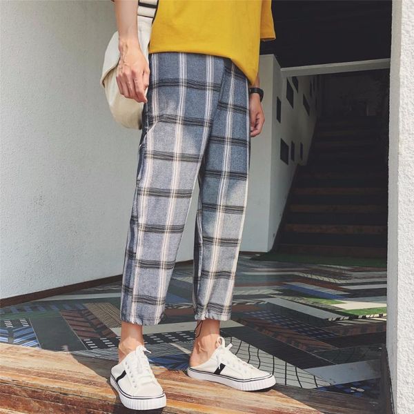 

fashionable men ultra - fire wide-leg pants casual pants summer han version of the men's nine grid tide, Black