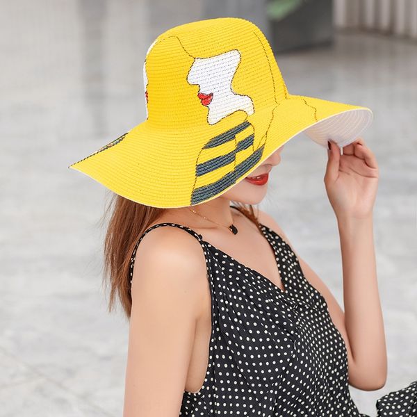 

hand-painted graffiti large eaves outdoor sunscreen sunshade straw straw hat beach hat female, Blue;gray