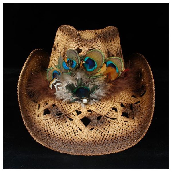 

2019 handmade women straw western cowboy hat summer lady beach feather sombrero hombre straw panama cowgirl jazz sun cap, Blue;gray