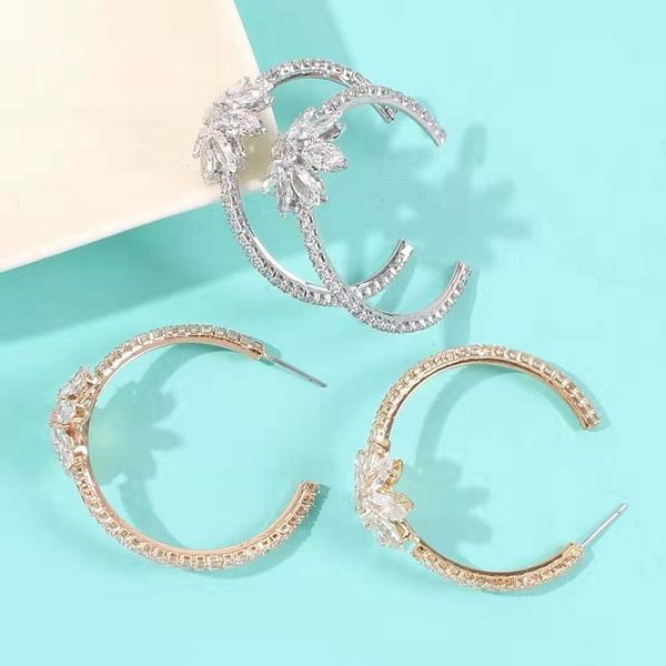 

45mm iced out gem flower c hoop earrings for women luxury designer bling diamond hoops circle gold silve huggie earrings zircon jewelry gift, Golden;silver