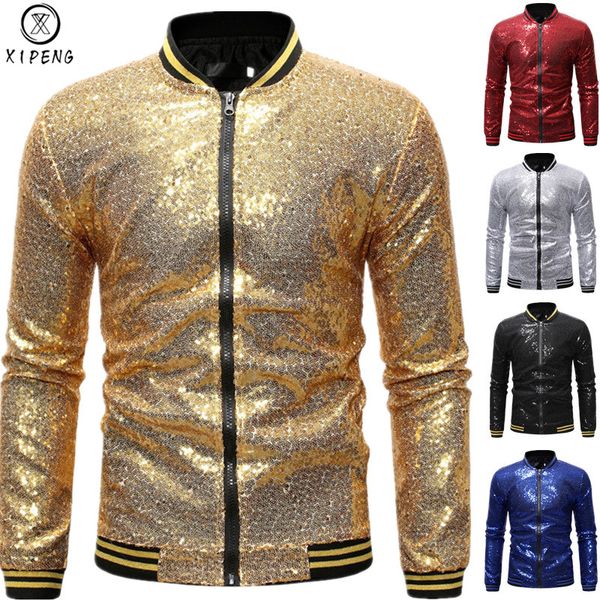 

mens shiny gold sequin bomber jackets 2019 brand new sequins baseball jacket men club dj stage singer jacket veste homme xxl, Black;brown