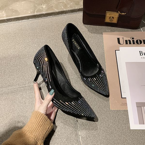 

2020 fashion elegant high heels sequin cloth pointed stilettos simple and comfortable wedding bridal female shoes zapatos u22-52, Black