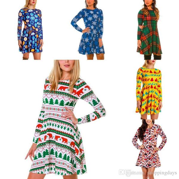 

women christmas dress elk snowflake printed grid long sleeve autumn new xmas elegant dress for woman, Black;gray