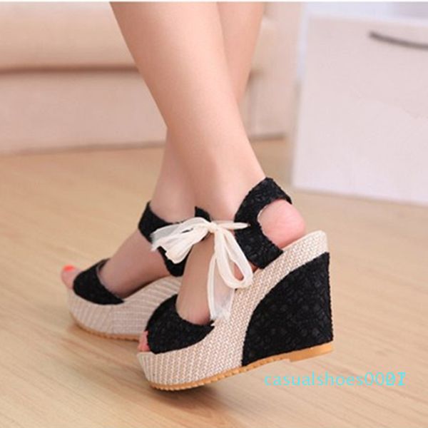 

women summer sandals fashion lace up high heels wedge black / beige roman style ladies high heel platform sandals c27