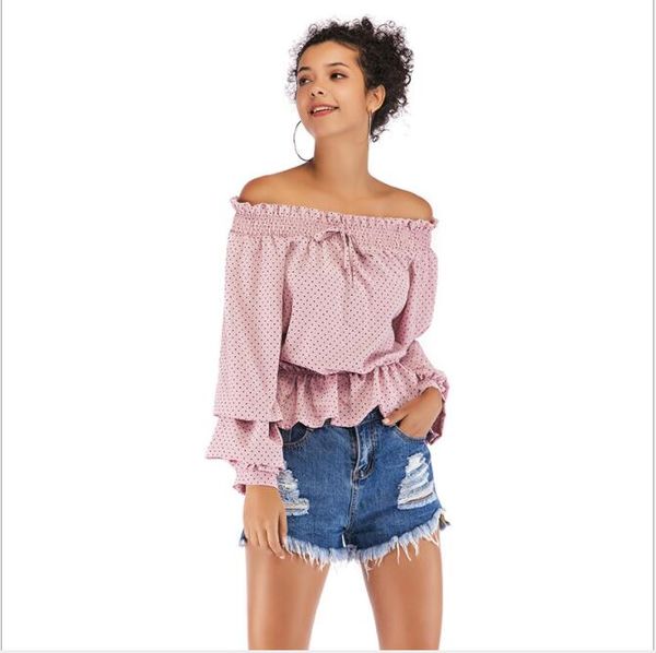 

chiffon polka dot womens blouse off shoulder lace up ruffles hem layered puff sleeves female shirts 2019 summer retro sweet, White