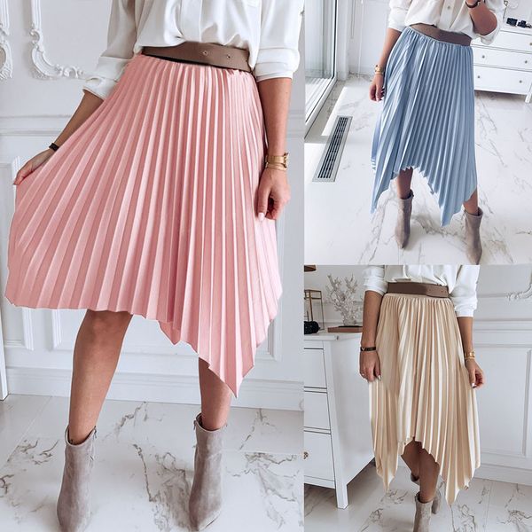 

2019 women's fashion summer casual elegant charm wrinkled pure colour half-length skirt pleated midi skirt wth elastic 50, Black