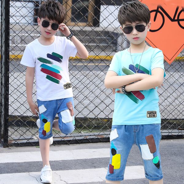 

clothing sets children summer boys clothes t-shirt+shorts 2pcs outfits kids for sport suit teenage, White