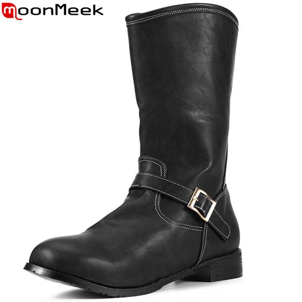 

moonmeek 2020 new autumn winter boots round toe slip on mid calf boots ned heels ladies prom plus size 34-48, Black