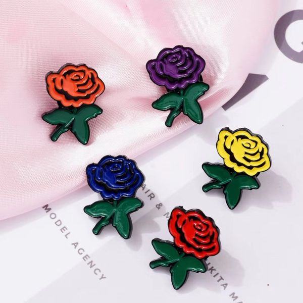 

purple blue red orange yellow roses enamel pins couple flower brooch denim shirt backpack valentine's day jewelry gift, Gray