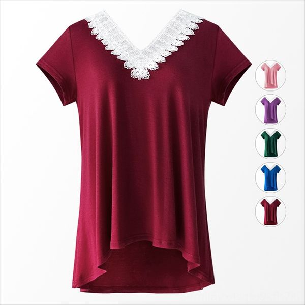 

women's large size stitching v-neck short sleeve cotton t-shirt women's large size stitching t-shirt lace lace v-neck short sleeve, White
