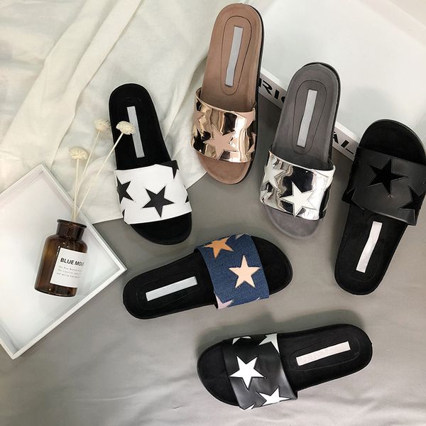

women's sandals summer shoes platform ootwear wedge shoes woman summer chic slippers stars brand casual flat slippers flip f, Black