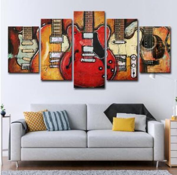 Wandkunst-Leinwandbilder, 5 Panels, moderne Musikgitarre, ohne Rahmen, Ölgemälde, Leinwand-Kunstwandbild für Schlafzimmer, ungerahmt, Fußball