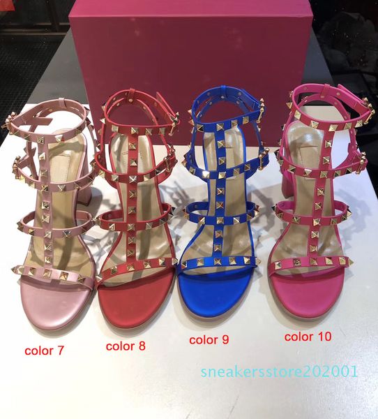 

women leather stud sandals t-strap sandal summer high heels rivets shoes ladies party shoes 6.5cm 9.5cm 15color with box s01, Black