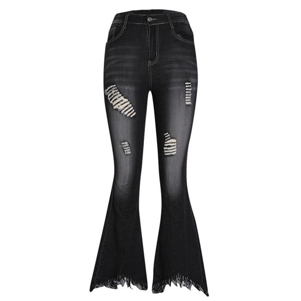 

джинсы женщины джинсовые брюки высокой талией вскользь перфорированными отбеливание бахромой flare джинсы клеш брюки vaqueros mujer # 4b24, Blue