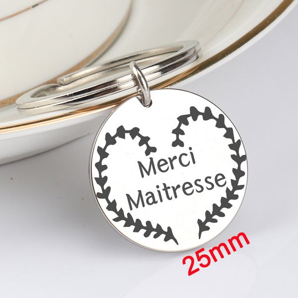 

fashion french keychain hand stamped merci maitresse for maitresse round jewelry charm stainless steel key ring, Silver