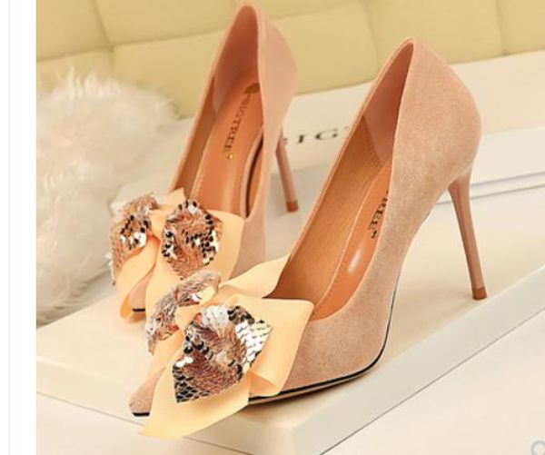 

2019 women's shoes in spring and autumn with new style high heel fine heel pointed end bowknot suede@171, Black