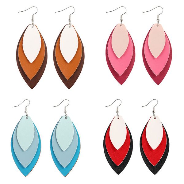 

горячий продавать трехслойную кожа pu листья подвеска серьги pure color leaf charm eardrop женщины крюк уха серьги ювелирные изделия заявлен, Silver
