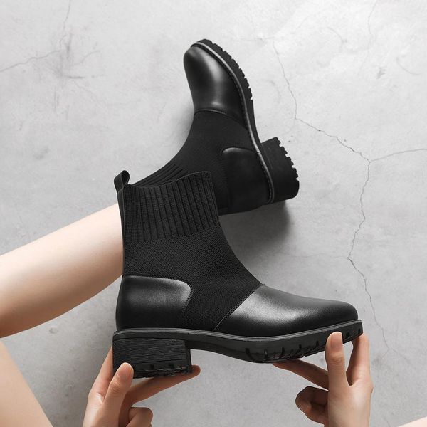 

2020 women socks boots autumn and winter new waterproof boots leather woman stretch thin boots wild botin mujer big size, Black