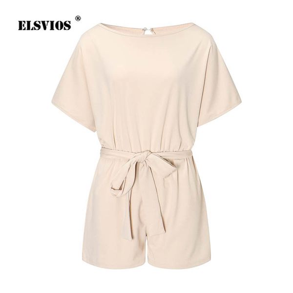 

elsvios 2019 solid short sleeve jumpsuit summer beach romper women new fashion belted elegant office overalls casual o neck, Black;white