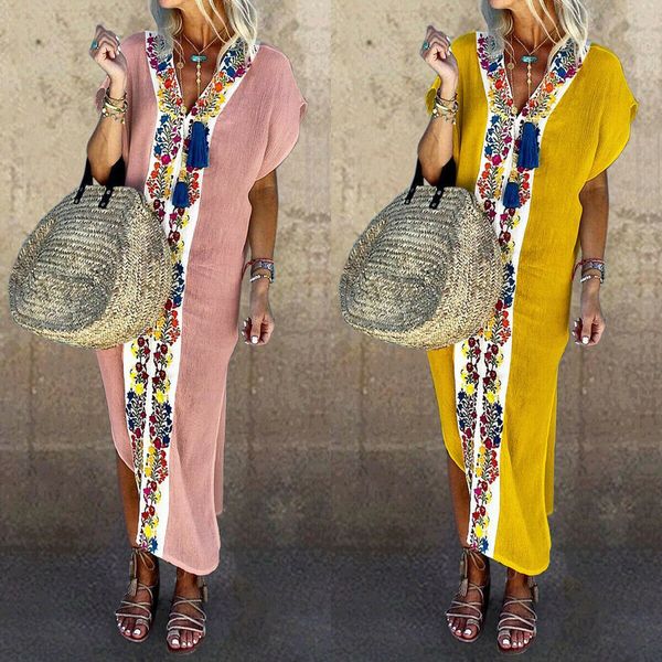 

new boho floral women v neck long dress ladies short sleeve loose party casual linen kaftan beach maxi dresses sundress, Black;gray