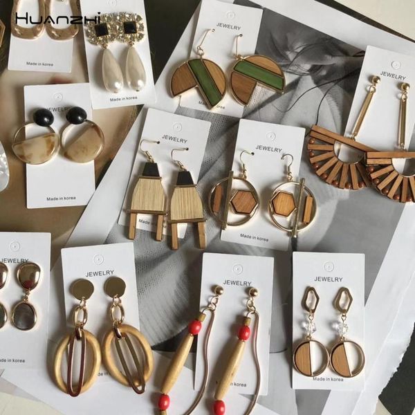 

huanzhi exaggeration wooden geometric design personality alloy chic resin vintage long drop earrings for women jewelry gifts, Silver