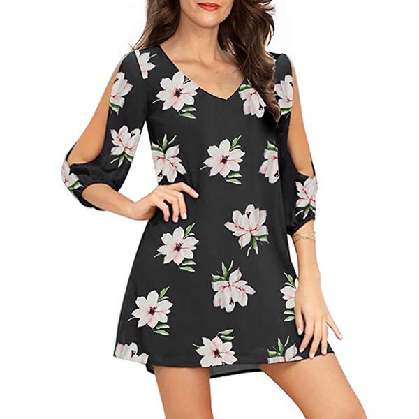 

fashion summer dress female women ladies chiffon printing casual half sleeve mini dress paty elbise robe vestidos, Black;gray