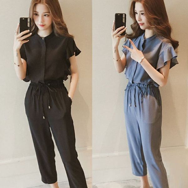 

plus size  - 4xl summer 2019 women sets two piece office sweet v-neck shirt + pants women sets large size ladies loose suit, White