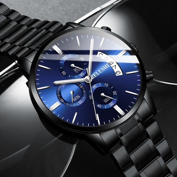 

belushi fashion men's quartz watch chronograph sport men watches brand luxury full steel waterproof clock male wristwatch cj191217, Slivery;brown