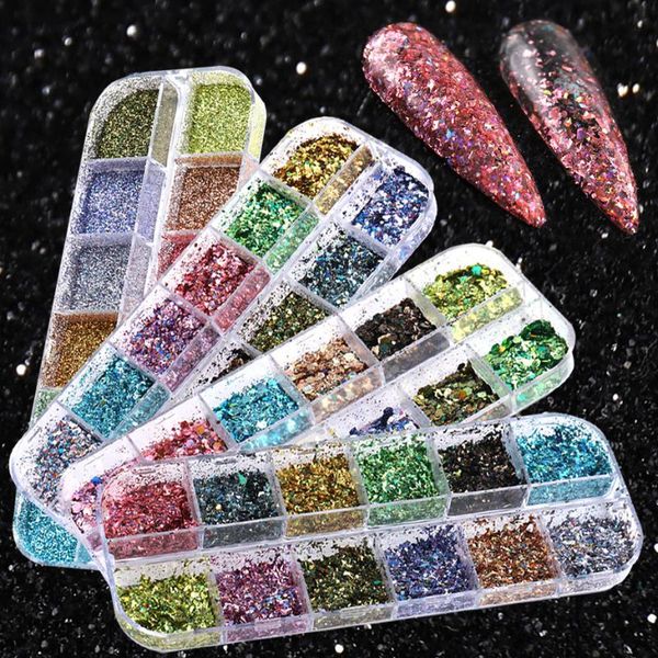 

nail glitter 12 grids holographic dust laser powder for gel polish charms pigment manicure paillettes decoration flakes tr1599, Silver;gold