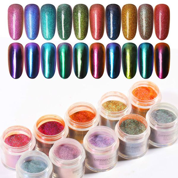 

1 box 10ml chameleon dip powder shining holographic glitter mirror dipping system gradient french nail natural dry manicure tool, Silver;gold