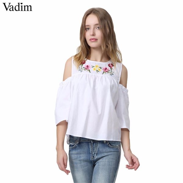 

vadim женщины прочь shouder цветочные вышивки гофрированной рубашки три четверти рукав блузка дамы случайные бренд tops blusas dt1181, White