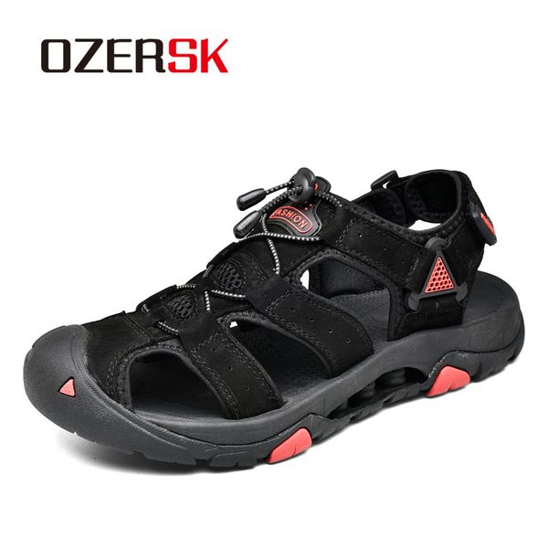 

ozersk classic mens sandals summer genuine leather male beach sandals soft comfortable male outdoor beach slippers man, Black