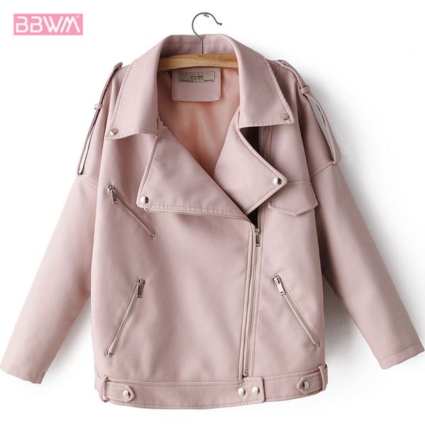 

pink pu long sleeve lapel simple foundation zipper locomotive women's jacket 2019 winter loose windproof female jacket black top, Black;brown