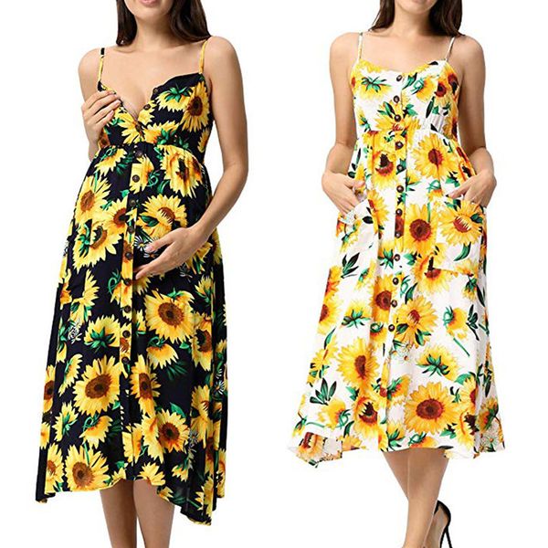 

bunvel casual sunflower maternity dress sleeveless button pregnancy clothes summer floral printed pregnant sundresses vestidos, White