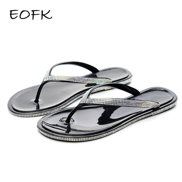 

eofk women flip flops summer new outside slippers pvc soft shoes casual shinny diamond beach slippers flip flops plus size 42, Black