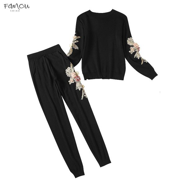 

Flowers Knitting Clothing 3D Women Winter Sets Floral Jumpers Slim Trousers Winter Vogue Fashion Tracksuits Sets