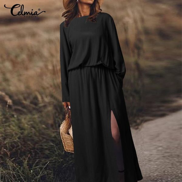 

women casual dress celmia 2019 autumn long sleeve loose pleated shirt dress high waist split maxi long vestidos robe plus size, Black;gray