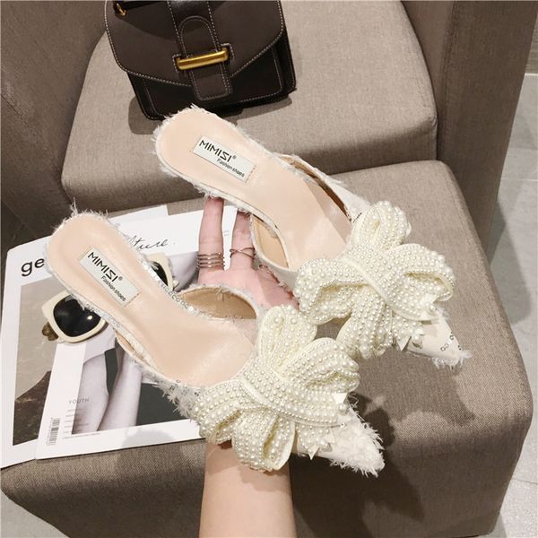

cover toe thin heels butterfly-knot shoes med ladies' slippers mules for women 2020 pantofle pointed new pu basic slides rome, Black