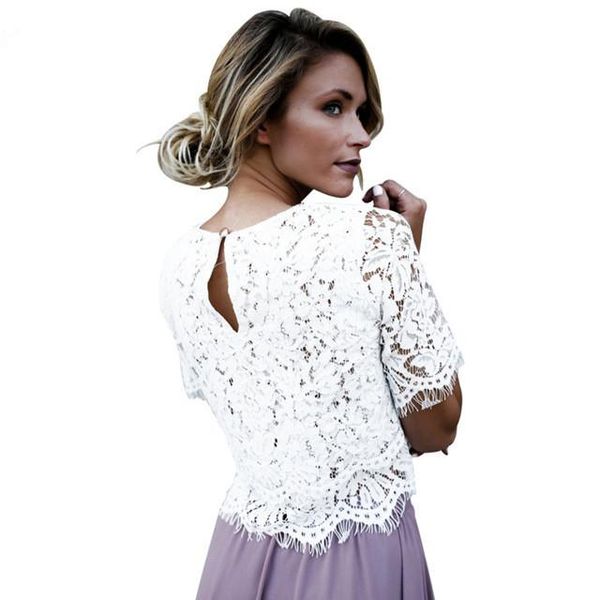 

new fashion white floral lace hollow out crochet vintage women o-neck shirt short sleeve casual elegant breathable