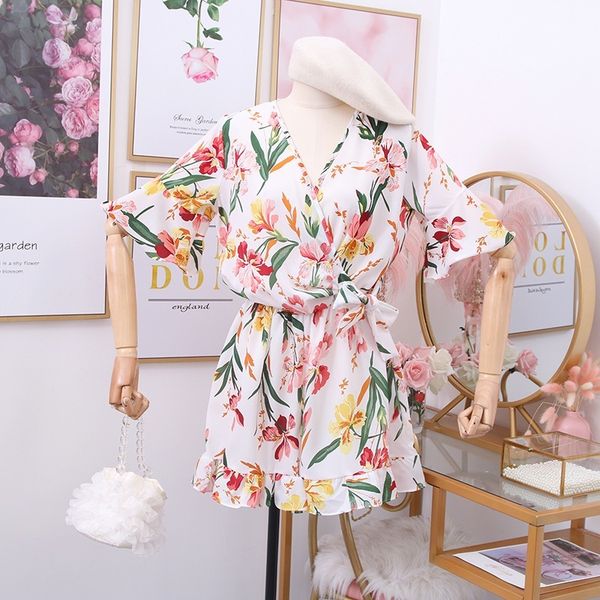 

v neck flare short sleeve print wide leg jumpsuit holiday beach multicolor ruffles bodysuit high waist hip playsuit barboteuse, Black;white