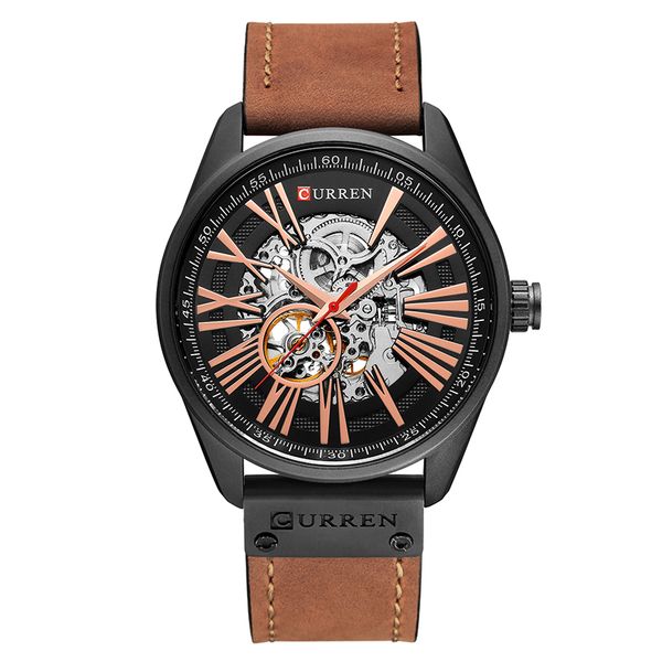 

curren 2019 men's fashion mechanical watch men waterproof leather band wristwatches male automatic self-wind clock montre homme, Slivery;brown