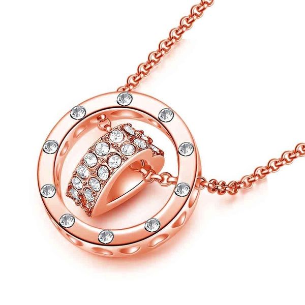

rose gold heart necklace women's transparent zircon heart-shaped round pendant necklace jewelry clavicle chain anniversary gift, Silver