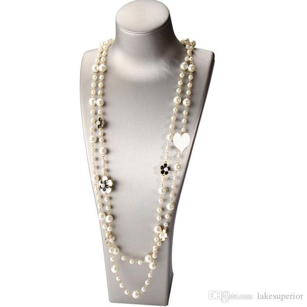 

women flower number sweater chain necklace double layer pearl beaded necklace fashion jewelry accessories for gift, Silver