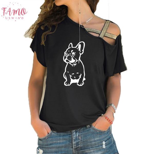 

new summer french bulldog t shirt women cotton short sleeve girls tshirt lovely dog t shirt irregular women skew cross bandage tee, White