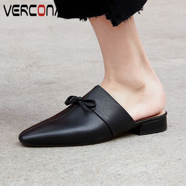 

verconas 2020 mules woman sandals woman pumps genuine leather design butterfly knot pointed toe square heeled shoes, Black