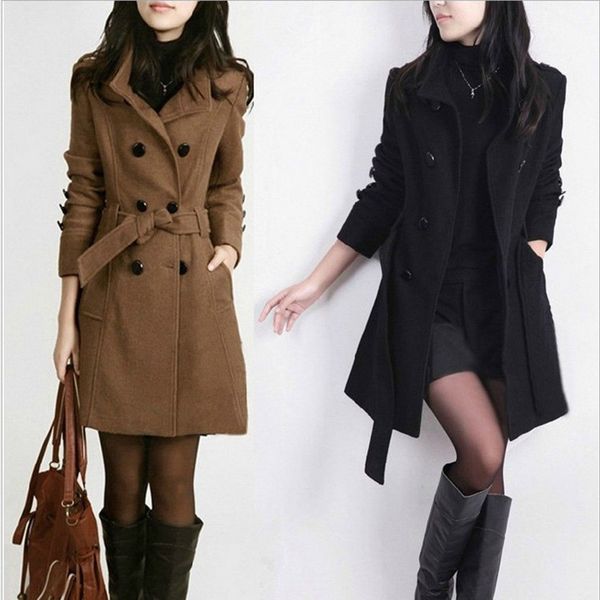 

women outwear winter warm lapel long slim belt trench parka coat jacket overcoat, Tan;black