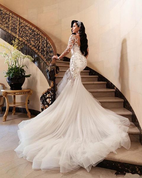 

современные русалка кружева свадебные платья иллюзия длинные рукава vestido de noiva кружева аппликации тонкий вечерние свадебные платья плю, White