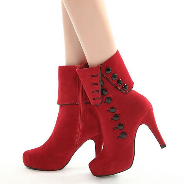 

fashion new women ankle boots high heels fashion red shoes woman platform flock buckle boots ladies shoes female, Black